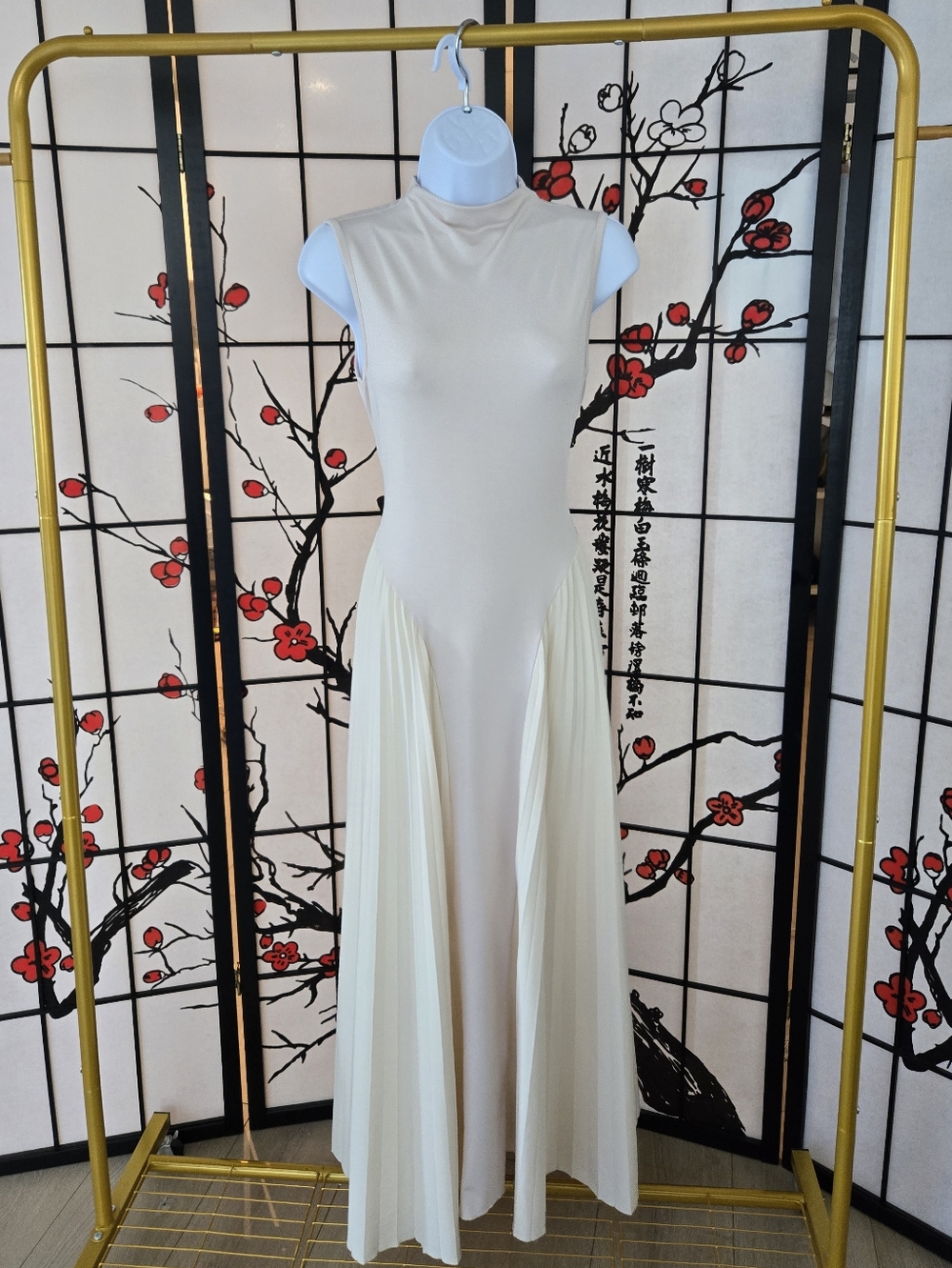 Cream Mock Meck Pleated Maxi Dress